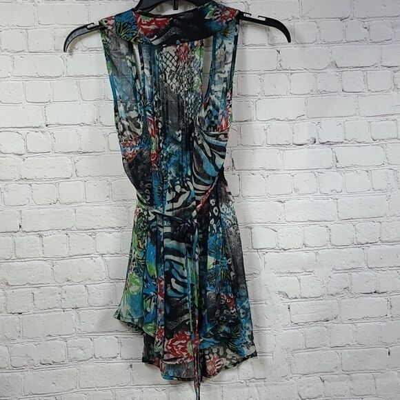 American Rag Mixed Animal Print Sheer Chiffon Pleated Top XS Sleeveless Blouse - Picture 10 of 12